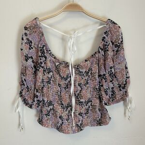 NEW Free People Back On Top Crop Smocked Shirt Blouse Puff Sleeve S Ditsy Floral